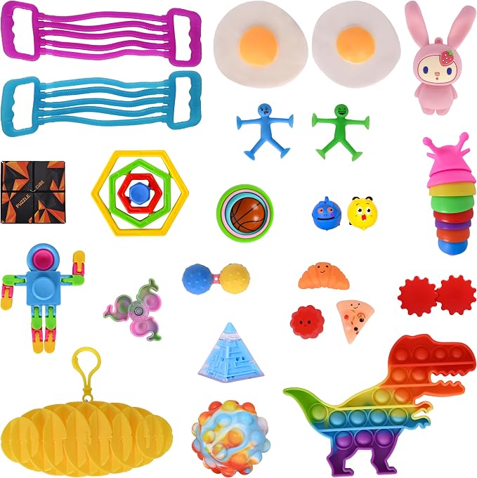 Sunny Days Entertainment Fidget Box 24 Piece - Sensory Toys Pack - Ages 3+ | Plastic Construction, Multicolor Set, 7.5 in x 7.5 in x 5 in, 36+ Months, ADHD Anxiety Support, Storage Case Included