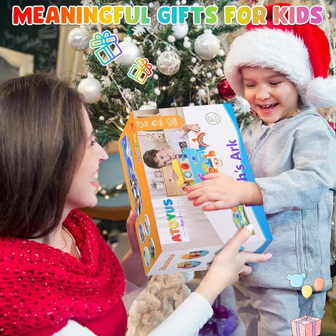 ATOYUS Wooden Noah's Ark Toy for 2+ Year Old Kids Boy and Girl Baptism Gift | Montessori Educational Toy with Animal Shape Sorter, Christian Bible Story Book for Kids Ages 2-4, Christmas Birthday Gifts