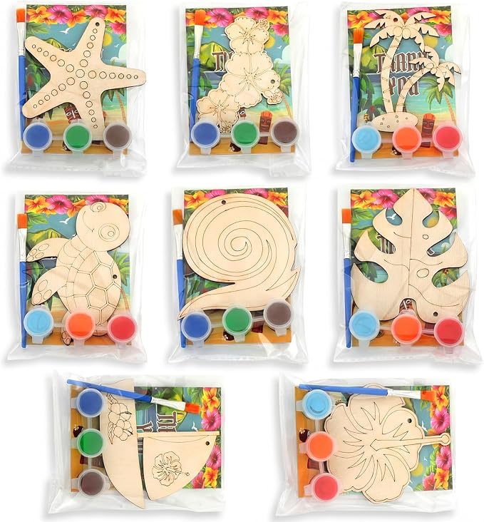 Saypacck 24 Pcs Hawaiian Party Favors Wooden Paint Craft Kits | Summer Tropical Party, Wooden DIY Painting Activity Sets with Organza Bags, Goodie Bag Fillers for Kids Guests