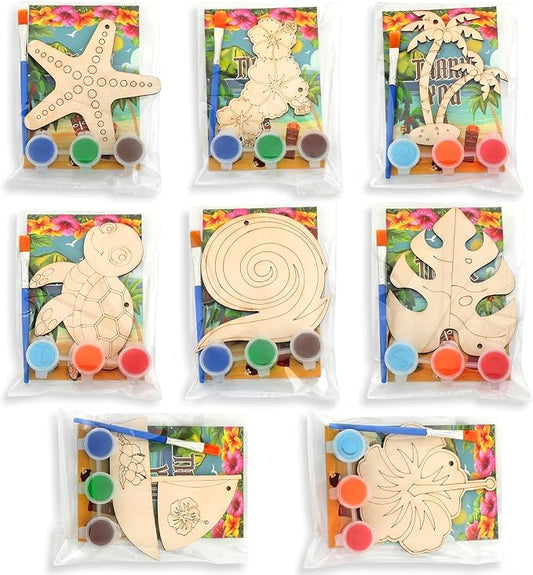 Saypacck 24 Pcs Hawaiian Party Favors Wooden Paint Craft Kits | Summer Tropical Party, Wooden DIY Painting Activity Sets with Organza Bags, Goodie Bag Fillers for Kids Guests
