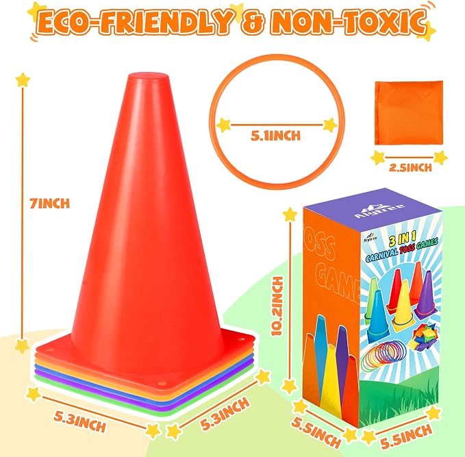 31 PCS Christmas Carnival Games, 3 in 1 Indoor Outdoor Bean Bag Ring Toss Games for Kids Birthday Party, Plastic Soft Cones Yard Lawn Game for Family Party Kid's Gift