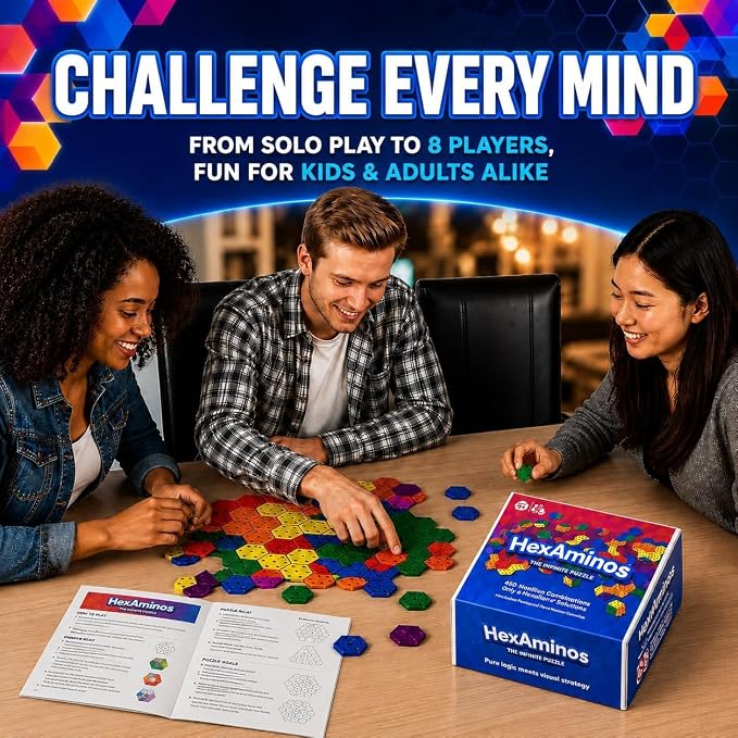 The Infinite Puzzle: Strategy Board Game for Familiy, Teens & Adults. 56 Hexagon Tiles for Solo or 1-8 Players. Travel-Friendly STEM Logic Game, 450 Nonillion Combinations, 8x7 Grid Challenge Ages +6
