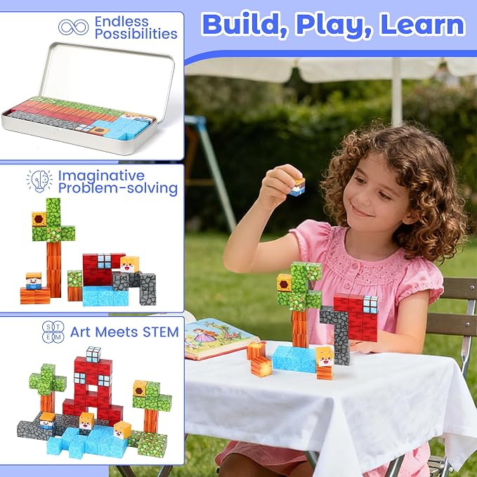 SYSKENI 35PCS Mini Farm Magnetic Blocks Travel Set for Kids Ages 3-5 4-8 | Magnetic Blocks Travel Toys Portable Magnet Cubes STEM Learning Toys with Portable Iron Storage Box Christmas Birthday Gifts