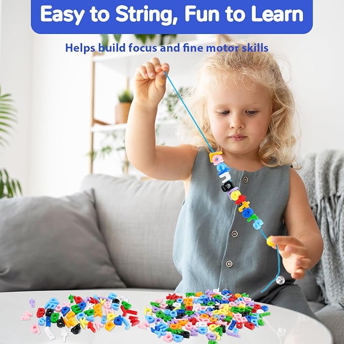 278 Pcs Lacing Letters Beads, 10 Color Alphabet Letter Beads Learning Toys with 18 Laces, Lowercase ABC Bead Letters Toys for Kids Ages 3+, Home Manipulatives for Preschoolers, Back to School Supplies
