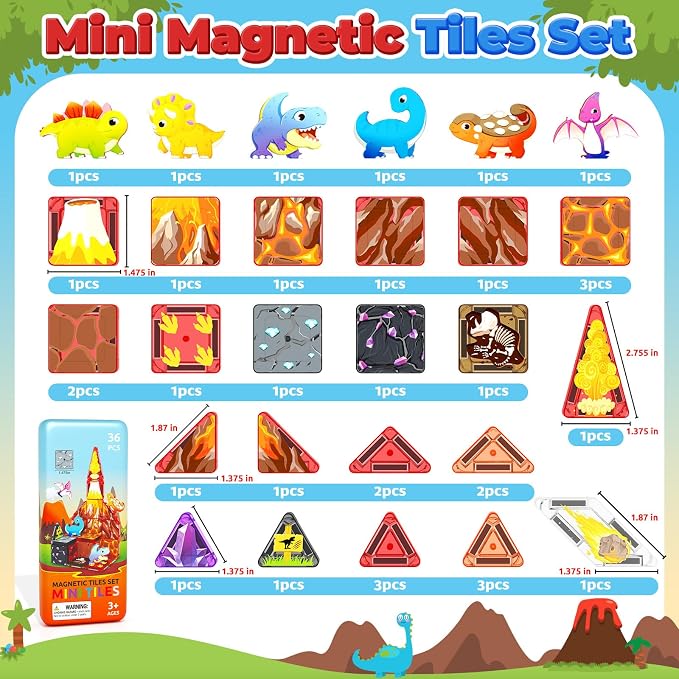 36PCS Mini Magnetic Tiles Dinosaur Kids Toys with Case - Toddler Travel Essentials Outdoor Set, Magnetic Blocks Montessori Preschool Sensory Building Toys for 3 4 5 Year Old Boys