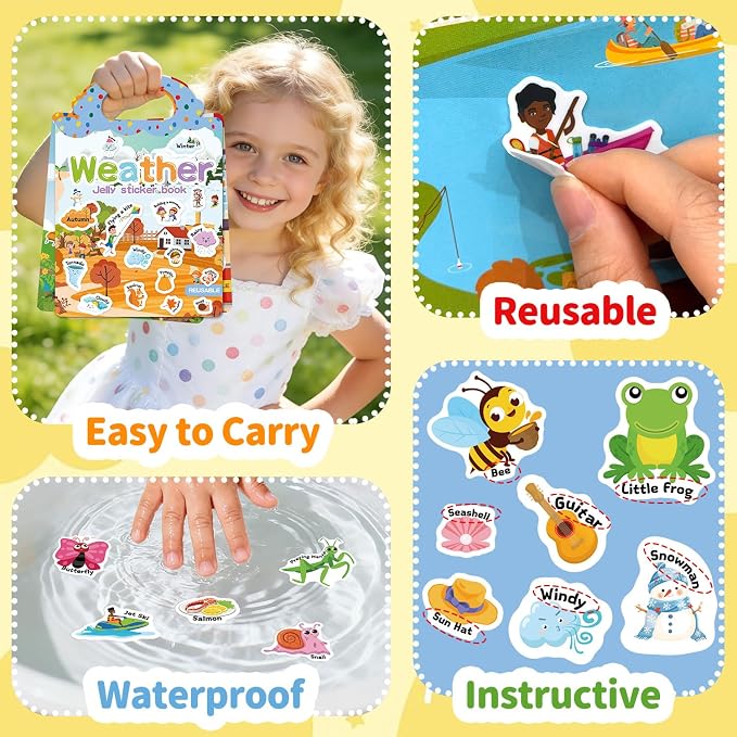 3 Sets Reusable Sticker Book for Toddlers 3-6, Jelly Sticker Books for Toddler, Travel Sticker Activity Toys for Kids 3 4 5 6 Years Old Girls & Boys（Weather + Insect + Beach）