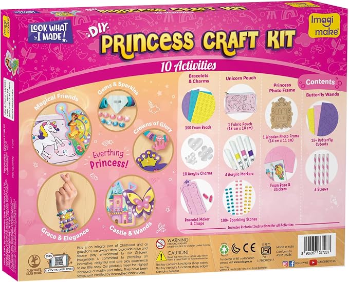 Imagimake Princess Craft Kit, 10 Mess-Free Creative Activities for Girls | Make Charm Bracelets, Butterfly Wands, Photo Frames, Unicorn Pouch, Birthday Gift for Girls Ages 5,6,7,8,9,10,11,12 Years Old