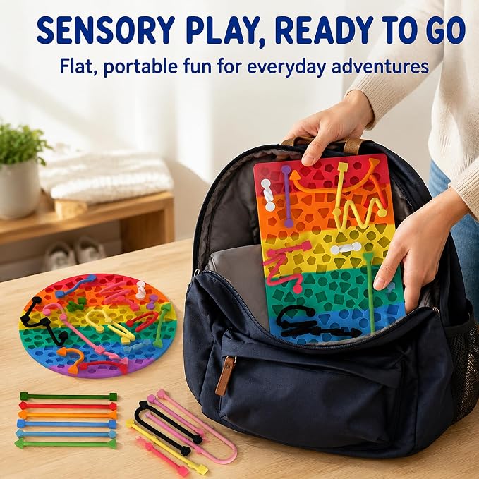 2 Pack Sensory Activity Board, Stress Relief Silicone Quiet Toddler Sensory Toy, Silicone Sensory Activity Board, ADHD & Autism Sensory Toys for Kids & Adults |with a Travel Bag & 24 Strin(B)