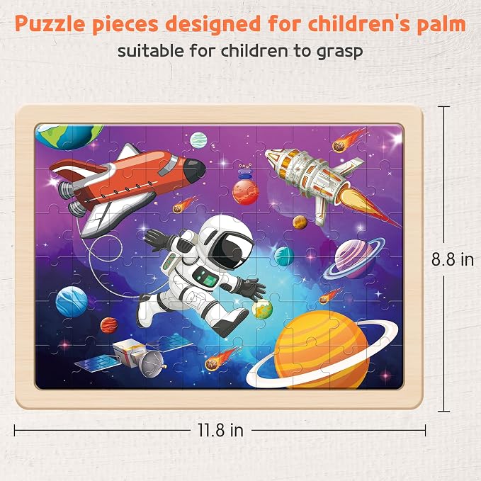 SYNARRY 6-Pack Large Wooden Jigsaw Puzzles for Kids Ages 4-6, 60-Piece | Puzzles for Kids Ages 4-8, Dinosaur, Farm, Safari Animals, Sea Life, Space & Vehicle Themes, Kids Toddlers Birthday Gifts
