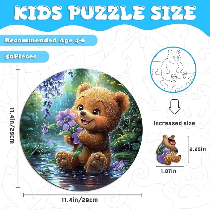 Animal Wooden Puzzles for Kids - Bear with Blooms | 50 Piece Puzzles for Kids Ages 6-8, Kids Puzzles with Unique Animal Shapes, Round Gift for Girls and Boys (11.4 * 11.4 in)