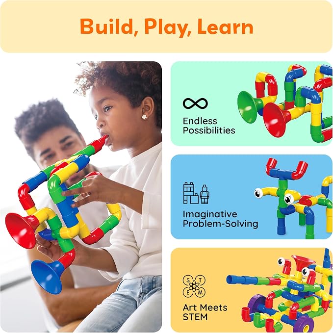 PicassoTiles PTT136 136pcs Tubular Pipes & Spout STEAM Interlocking Educational Building Block Set, Tube Locks, Pipeworks Construction Blocks w/Storage Container Box, Idea Book, Flute Musical Kit | 7 tube styles, easy-connect joints, idea guide, storag...