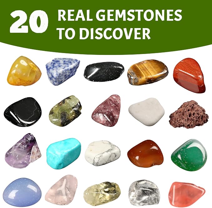 LotFancy Gemstone Dig Kit for Kids, 20 Real Gems, Science Excavation Gift | Rocks Stones Collection,Ages 8-12 Fit,STEM Classroom Learning Activity,Birthday Gift for Boys Girls,Geology Discovery Toy
