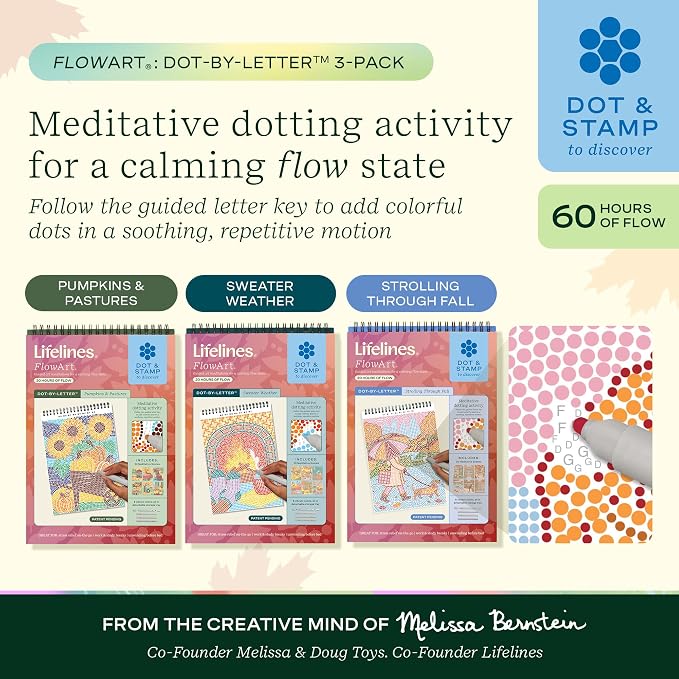 Lifelines FlowArt Activity Pads 3-Pack, Dot-by-Letter Guided Coloring Books | 12 Double-Sided Markers & 60 Scenes - Guided Art Meditations for Tweens, Adults & Seniors - Dot-by-Letter - Patent Pending