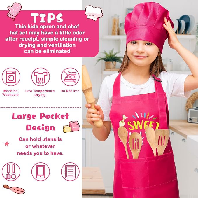 R HORSE 2 Pieces Kid Apron and Chef Hat Set, Dress up Pretend Play Toy | Rose Red Sweet Chef Adjustable Children Kitchen Apron for Girl, Ideal for Cooking, Baking, Painting, Cooking Birthday Gift