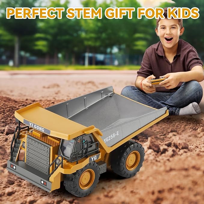 KIZJORYA Remote Control Dump Truck, RC Construction Vehicle for Kids with 9 Channel Metal Bed Light Sound & Rechargeable Battery, Electric Transport Garbage Truck Toy for Toddlers Boys Girls Age 6+