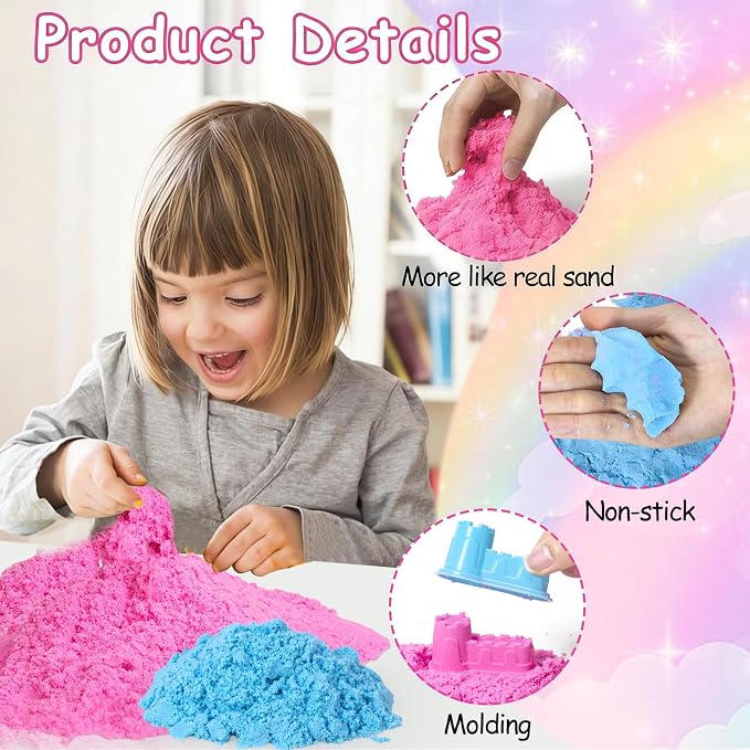 Unicorn Sensory Bins, Sensory Sandbox Toys for Girls Toddler 3 4 5 6 7 8 | Unicorn Play Sand Art Kit with Sandbox & Sand Castle Molds & Tools, Great Gift for Kids Toddlers Christmas Birthday