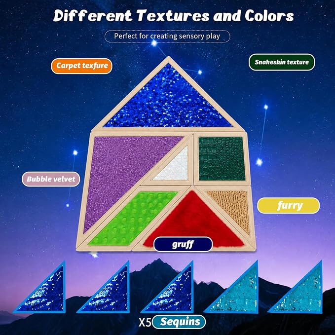 7-Piece Sensory Wall Panel Set for Kids, Modular Wooden Activity Boards with Interchangeable Textures & Sequin Flip Triangles, Fine Motor & Sensory Exploration Toys for Classroom, Daycare & Home