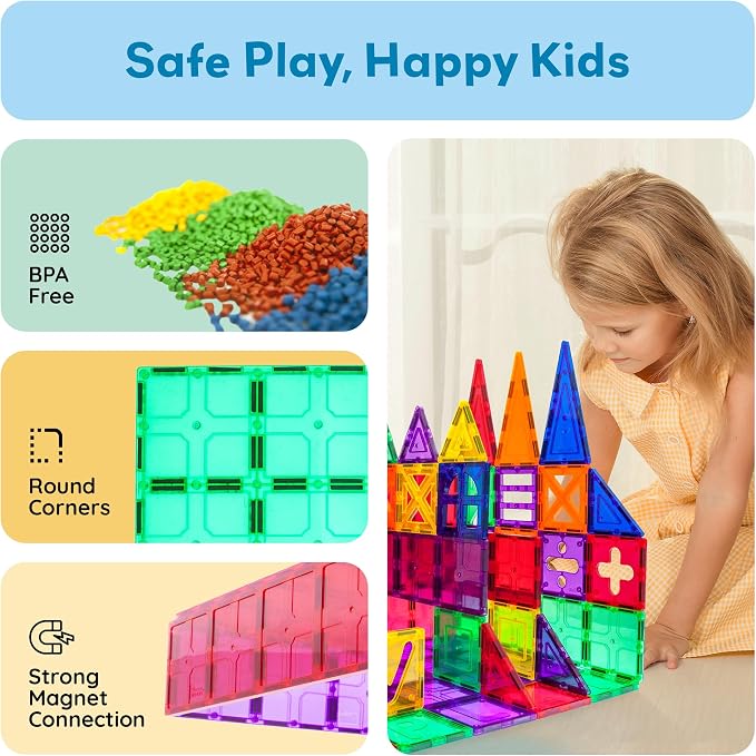 PicassoTiles 28 Piece Large Magnetic Tiles, Stabilizer STEM Set for Kids 3+ | Doubles as foundation, column, pillar support, extra strong magnets, vivid clear colors, safe creative preschool play time