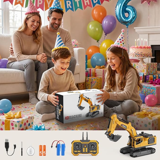 Remote Control Excavator Toy for Boys, 2.4GHz RC Excavator Toys with Metal Bucket, 12-Channel Construction Vehicle with Mist/Lights/Sound, 2x1200mAh Batteries, STEM Birthday Gift for Kids 3-12