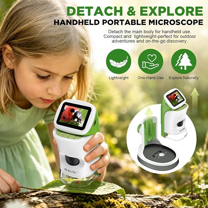 Kids Handheld Digital Microscope with Screen: STEM Science Kit Gift Toys | Rechargable | Bug Viewer | Slides Kit | Photo & Video | 4K Screen | Indoor & Outdoor Exploration for Boys Girls Ages 6-12