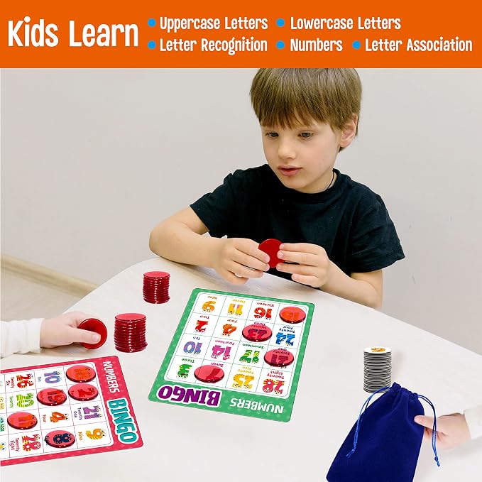SpriteGru Alphabet Bingo Game, Uppercase/Lowercase/Number Bingo Game ABC and 123 Bingo Board Game for Kindergarten and Preschool Kids 4-8, Perfect for Classroom & At Home