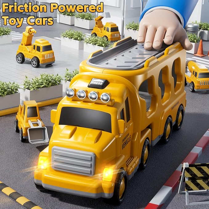 5-in-1 Construction Trucks Toys for 3 4 5 Years Old Boys | Carrier Transport Vehicle Truck for Toddlers 3-4 Years with Crane, Mixer, Pushdozer and Excavator, Car Toys Birthdays Gift