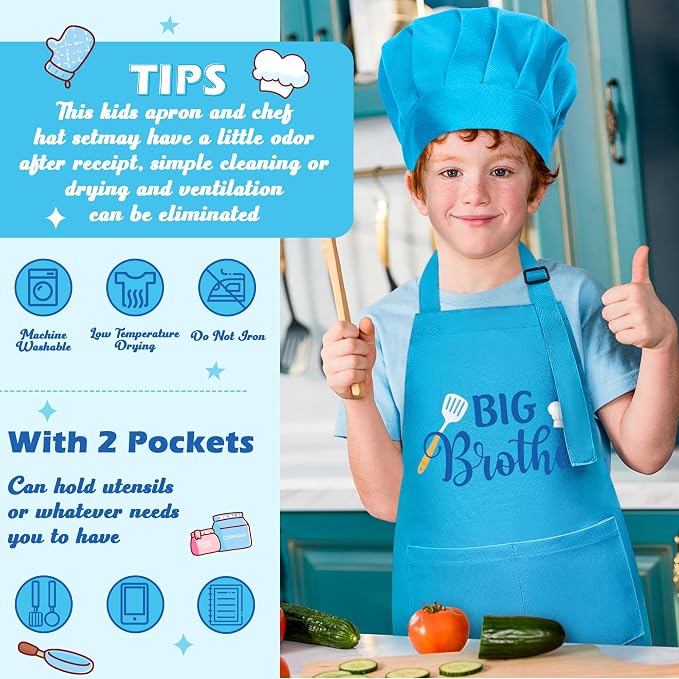 R HORSE Kids Apron and Chef Hat Set - 2Pcs Blue Big Brother Adjustable Children Kitchen Apron, Dress up Role Play Chef Toy Cooking Baking Painting and Training Kit for Boys Funny Cooking Birthday Gift