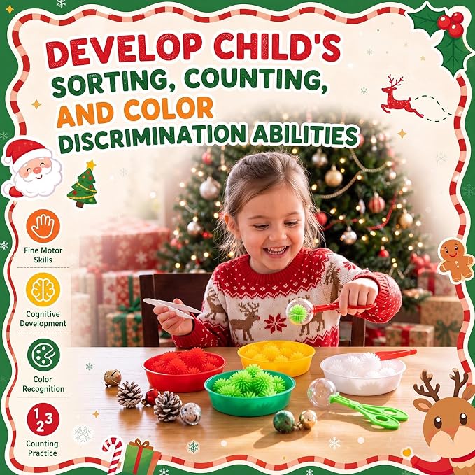 Leitee 71 Pcs Sensory Bin Filler,Red Green,Christmas | Hedge Balls Tweezers Clips Cups, Fine Skills Toys Set for Kids Counting Sorting, Sensory Bin Tools Preschool Learning