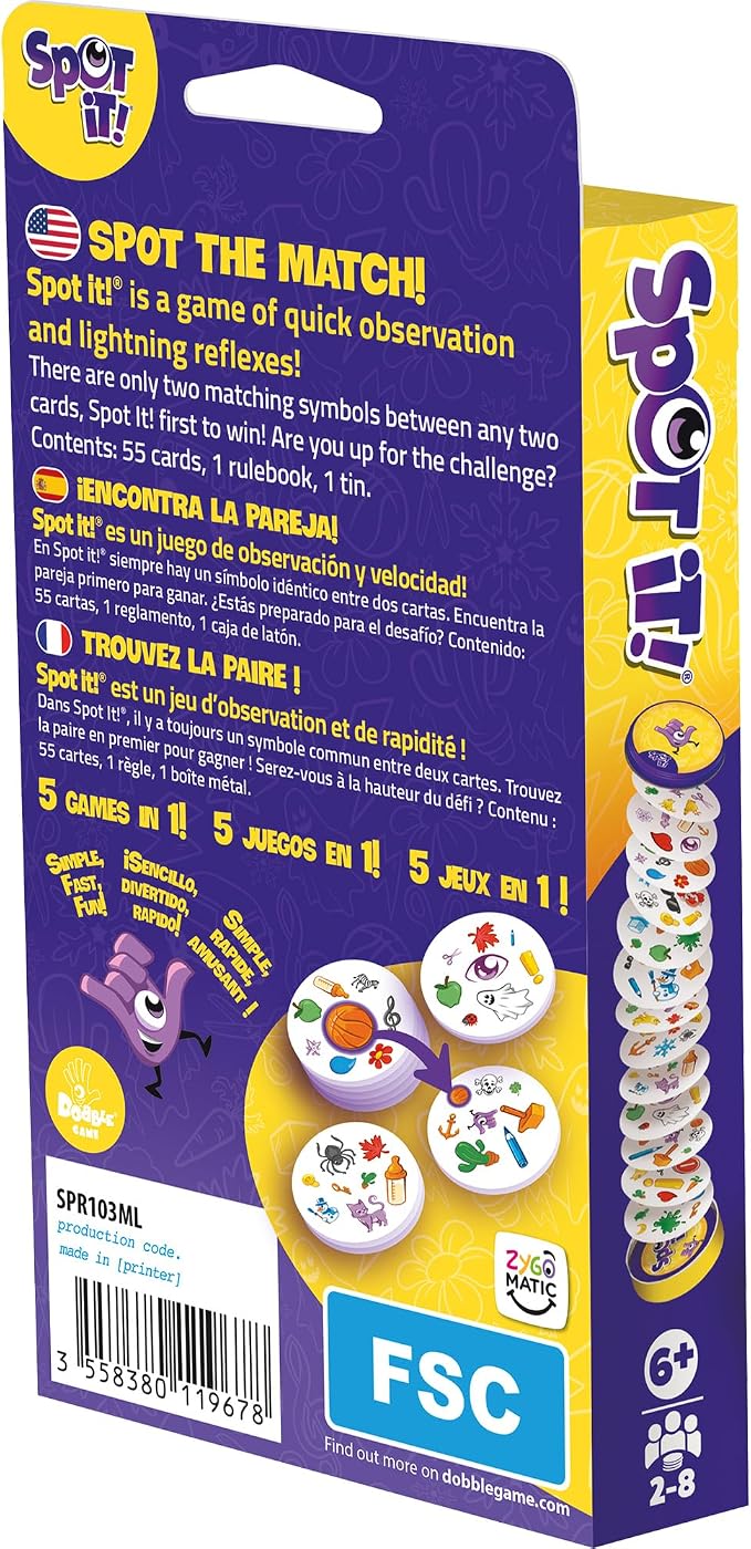 Asmodee Spot It! Classic Card Game (2024 Refresh) - Eco-Blister Edition, 5-in-1 Visual Perception Game for Quick Reflexes and Family Fun, Ages 6+, 2-8 Players, 10 Minute Playtime, Pack of 36