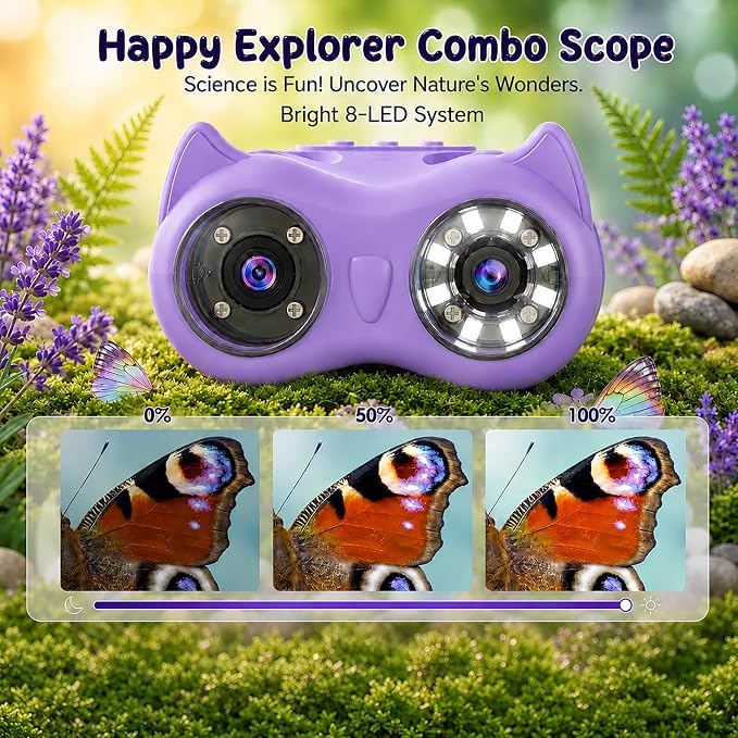 2-in-1 Kids Microscope and Telescope, 1000X Handheld Digital Microscope for Kids, 2.0" Screen, 8 LEDs, 10X Pocket Telescope for Outdoor, 1080P Camera STEM Toys Gift for Boys Girls 4-12, Purple