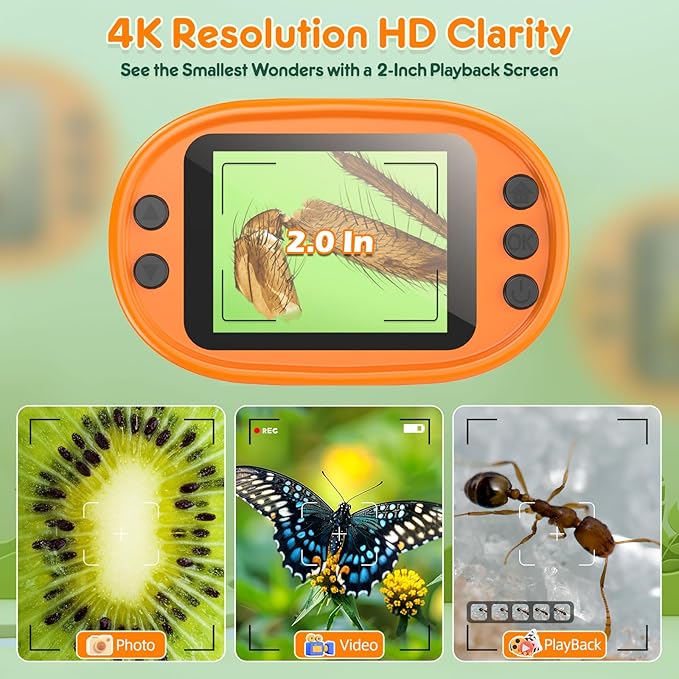 Kids Digital Microscope STEM Toy: Complete Science Gift Kit for Ages 4-12 | 32GB Card for Photos & Video / Custom EVA Case / Real Glass Slides / Upgraded Slide Slot / Rechargeable / 1000X / 4K Screen