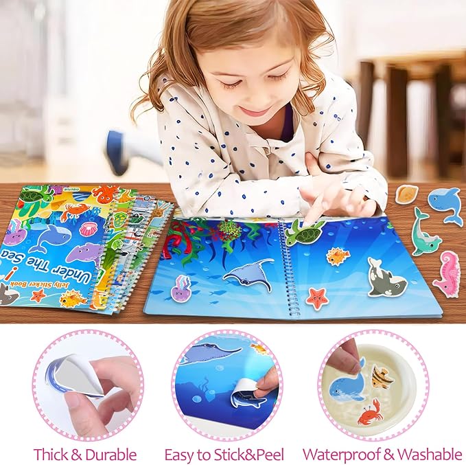 Jelly Sticker Books for Toddlers 2-4 Years, Under the Sea Stickers for Kids 1-3, Reusable Sticker Book for Toddler Easter Basket Stuffers ＆Travel Essentials Plane Activities (Under the Sea)