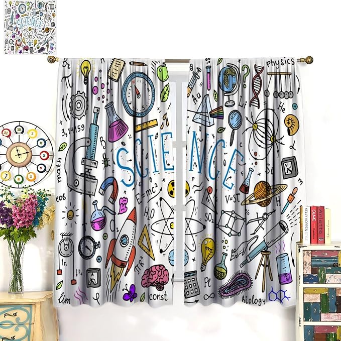 Science Symbols Kids Curtain Sketches Cartoon Chemistry Physics Geometry Education Pattern Print Window Drapes for Bedroom Living Room Kitchen Decor,2 Panel Set,52x84 Inch Blackout
