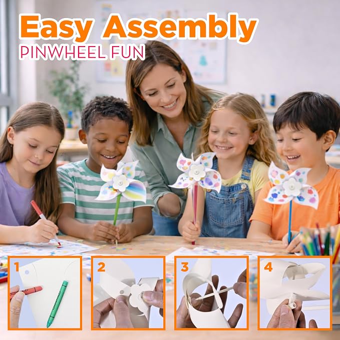 4E's Novelty 24 Pack DIY Pinwheels Craft for Kids, Bulk Summer Pinwheel Craft Kit, Color Your Own Paper Windmill Patriotic Pinwheels for Kids Bulk 4th ofJuly Craft for Kids Art Games