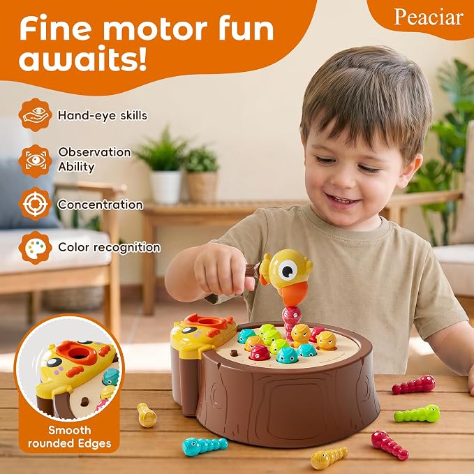 Magnetic Bird Feeding Game, Fine Motor Skills Ages 3-5 Birthday Girls Gift | Woodpecker Worm Catching Game, Montessori Educational Toy, 2 Speeds with Music, Safe Materials Ideal Gift for Toddlers 3-5