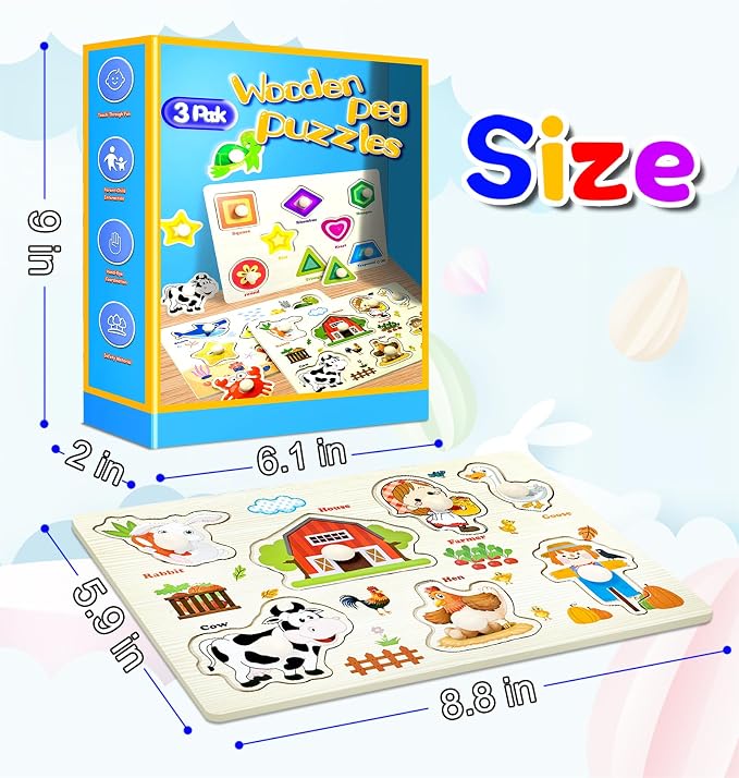 Wooden Peg Puzzles for Toddlers,Montessori Toddler Jigsaw for Child,Fine Motor Skill Learning Puzzle Toys for Baby Boys Girls Gifts-3 Pcs Shape,Farm,Sea Animal