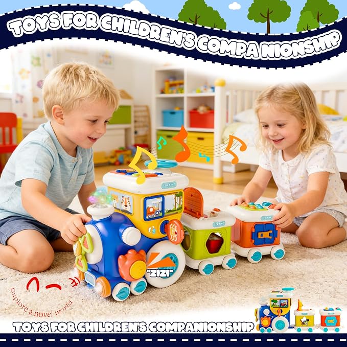 Montessori Educational Toys,busy cube train 10 in 1 baby toys for 12+ month | Toddler Developmental Toy with Lights and Sounds, Activity Cube Train Toy, Birthday Gift for 1 2 3 Years Old Boys Girls