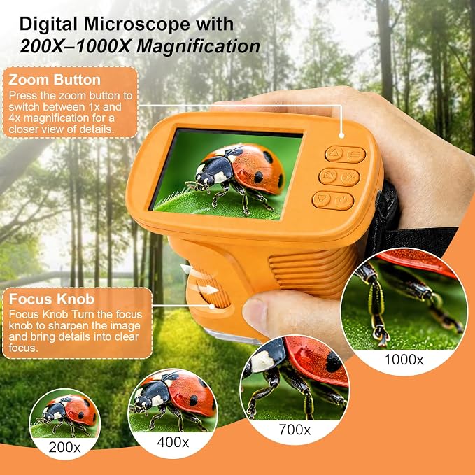 Kids Microscope,1000X HD Digital Handheld Mini Microscope 2.4" IPS Screen | Microscope for Kids, Mini Pocket Microscope for Children Birthday Gift, Science Education Fun for Boys Girls Ages 4-12 Yellow