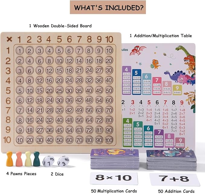 2 in 1 Multiplication Addition Math Board Game for Kids - Wooden Montessori Math Toys for Girls Boys 4 5 6 7 8 9 Years Old Wood Double Sided Board Table Dice Card Games for Family