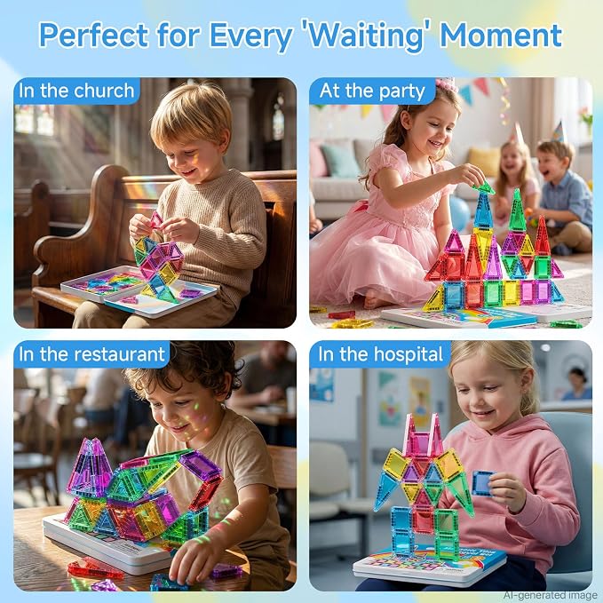 Magnetic Tiles for Kids 60 Mins Quiet Play at Church Restaurant | 40 PCS Pocket Magnet Building Blocks in Tin Box to Stop Crying- Boys Girls Age 3-8