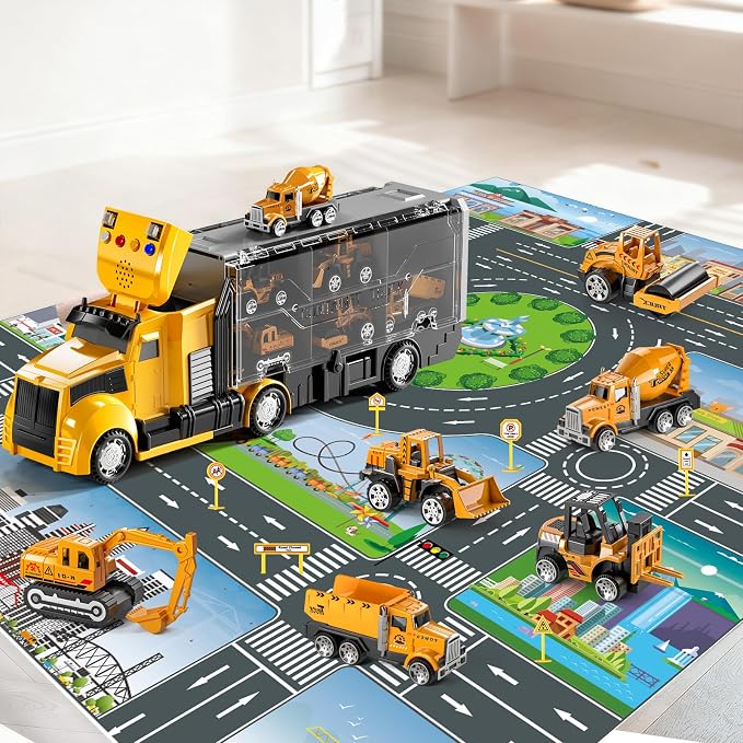 NIPLOOOW Construction Trucks Toy Set with Play Mat, Carrier Truck Play Vehicles Set for 3 4 5 6 Years Old Boys Kids, Die-Cast Car Toy for Toddlers 3-4 Years, Birthday Gifts Toys for 3-9 Year Old Boys