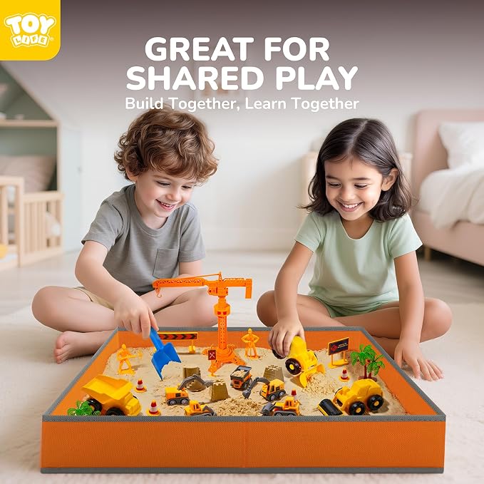 TOY Life 38-Piece Construction Sand Kit with Foldable Sandbox, Ages 3+ | 2.25 lb moldable material, 8 vehicles, crane, 6 molds, traffic signs, glow stones