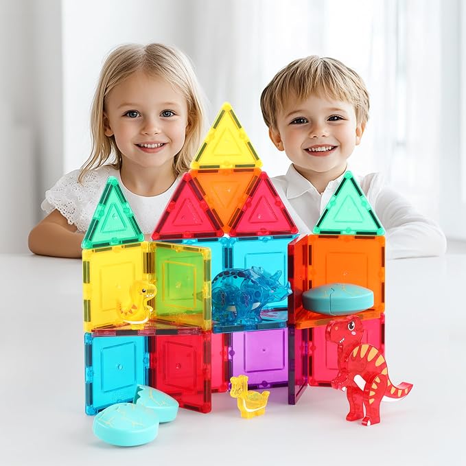PicassoTiles Magnetic Tiles Dinosaur Egg Set 4 Dinos with 2 Hatchable Eggs Character Action Figures Accessory for Magnet Tile Building Construction STEM Pretend Play Learning Toys Kids Ages 3+ PTA35