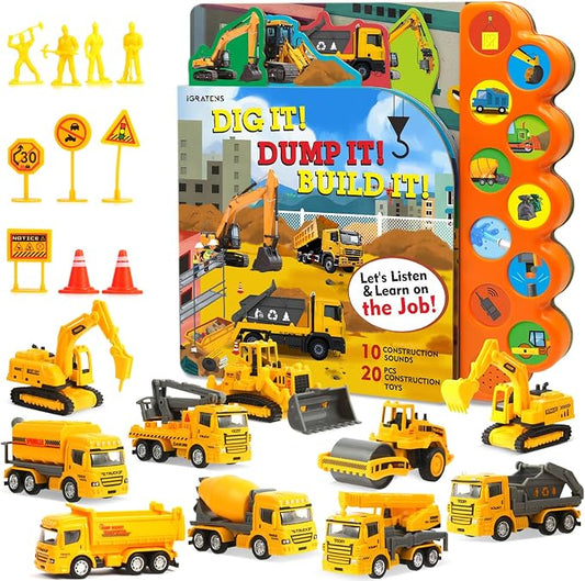 iGRATENS Construction Toys with Sound Books - Dig It! Dump It! Build It! | Construction Board Book with 10 Buttons & 20pcs Toys, Realistic Sound, Exquisite Illustrations, Great for Little Truck Lovers