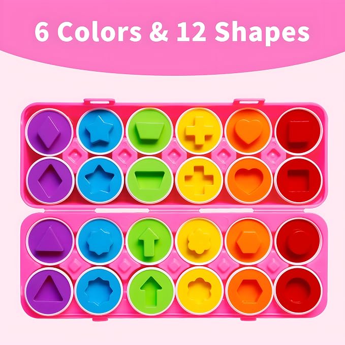 MOONTOY Montessori Matching Egg, 12PCS Color & Shape Recognition Toy for Toddler 2-3, Educational Learning Eggs Toy with Pink Storage Case, Easter Eggs Basket Stuffers Gift for 18M+ Year Old Girl Kid