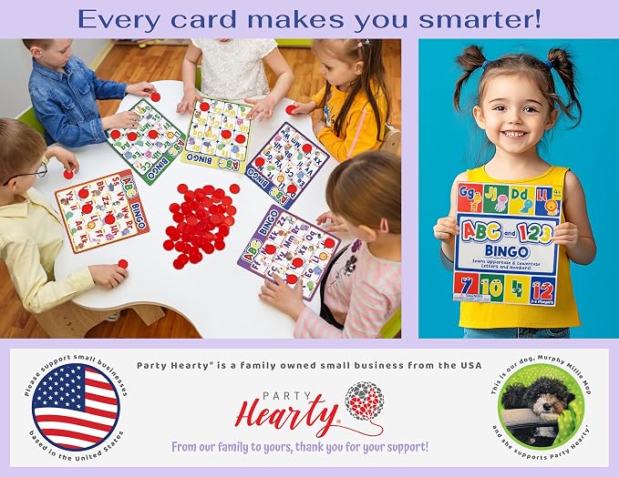 Party Hearty ABC & 123 Bingo Game for Kindergarten & Preschool - Animals | Animal Edition, Alphabet and Number, Preschool Kids Learn to Read, Ages 4 and Up