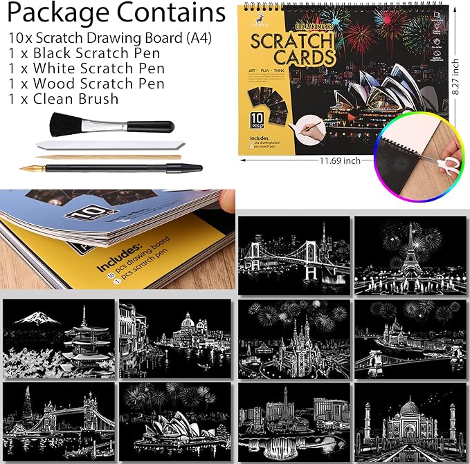 10-Board Scratch Art Book for Adults, Rainbow Cityscape Kit with Tools | Scratch art tools reveal 10 rainbow cityscapes for screen-free tabletop entertainment at home, during travel or with friends.