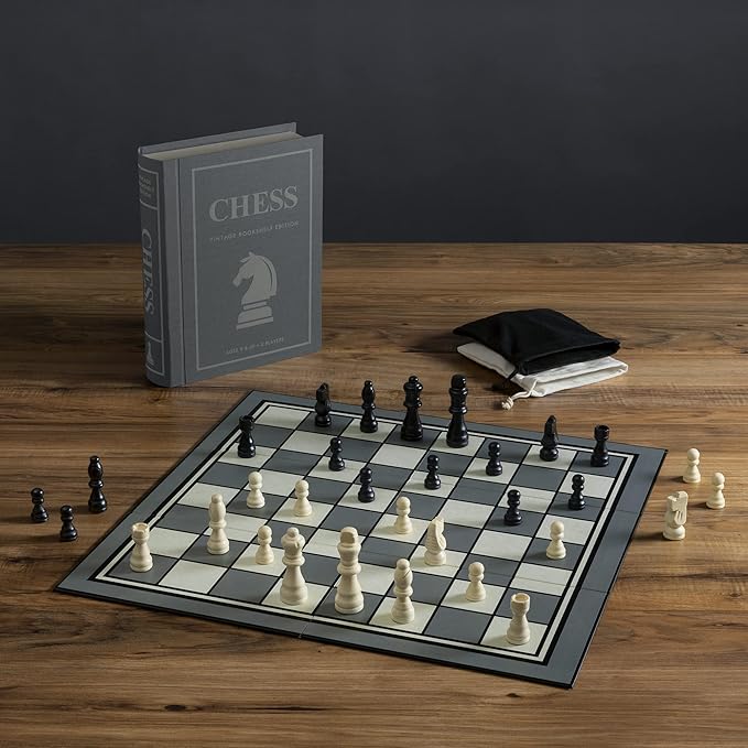WS Game Company Chess Vintage Bookshelf Edition Board Game with Wood Pieces | Classic 2-Player Strategy Game, Linen-Wrapped Book Box, Integrated Storage, Full-Size Folding Board, Adults and Kids 9 and Up