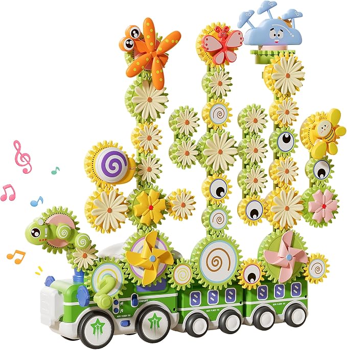 4 in 1 STEM Gear Toys for Kids Ages 3+, Educational Building Blocks, 87Pcs | Flower Construction Kits, Musical Electric Train Sets, Toddler Learning Toys with Light, Boys and Girls Gifts