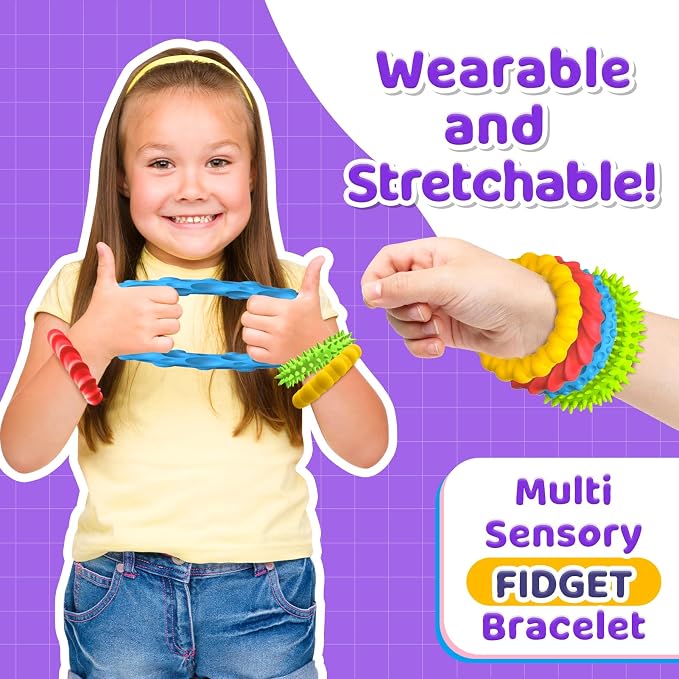Sensory Toys Fidget Prizes for Kids Adults Autism 4 Pack Stretchy Bracelets | Textured Treasure Prizes Classroom Squishy Fidgets for Stress, Special Needs for Autistic Boys Girls Stocking Stuffers Gifts